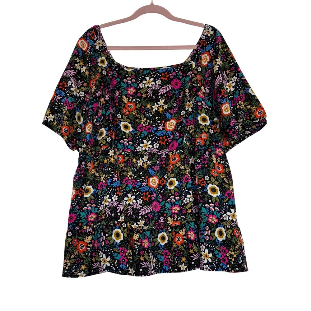 Bloomchic Floral Square Neck Peplum Top Black Multi Color Plus 18-20 Festive